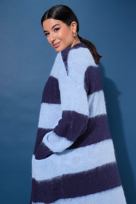 Long-Strickjacke, offene Form, Blockstreifen
