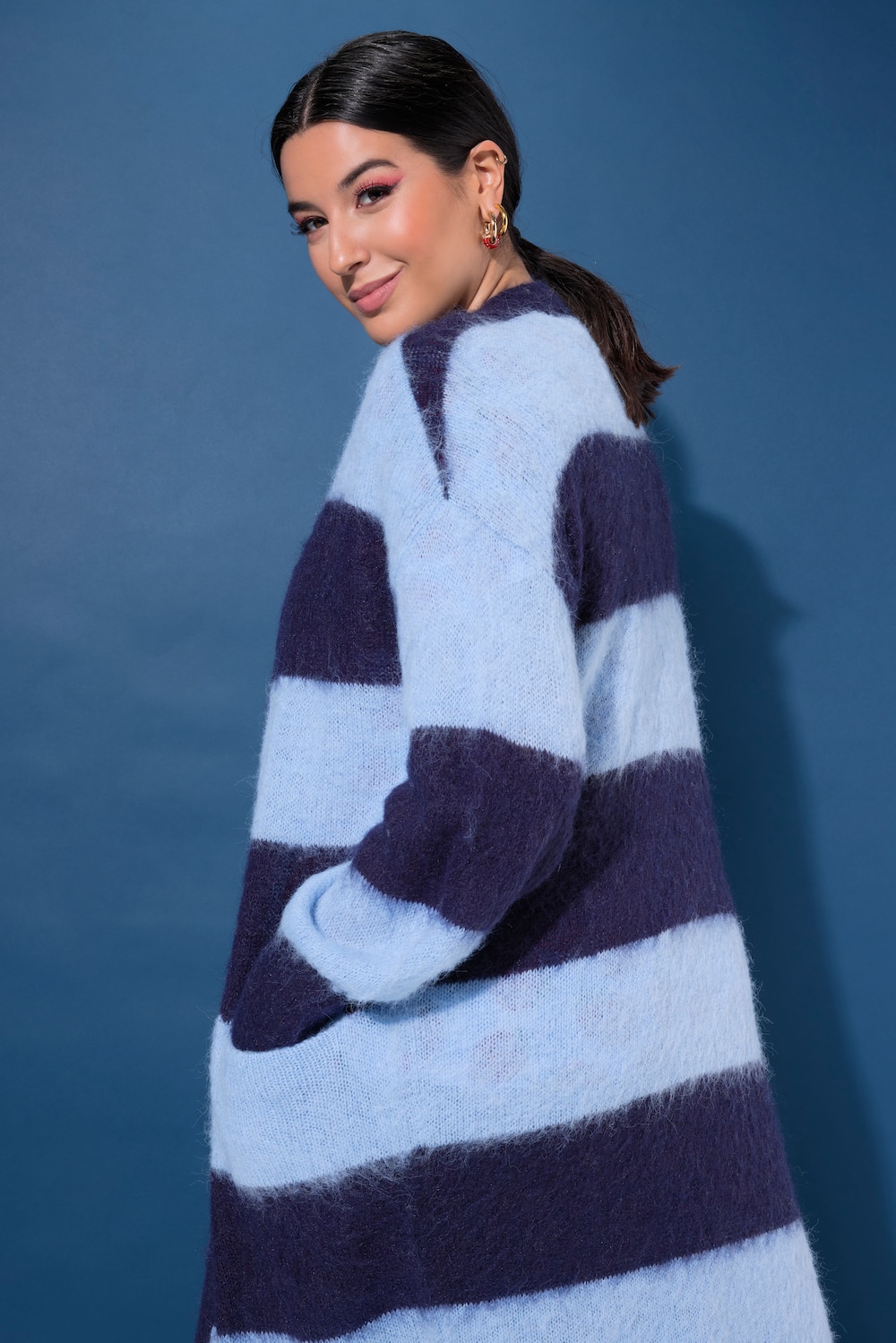 Long-Strickjacke, offene Form, Blockstreifen