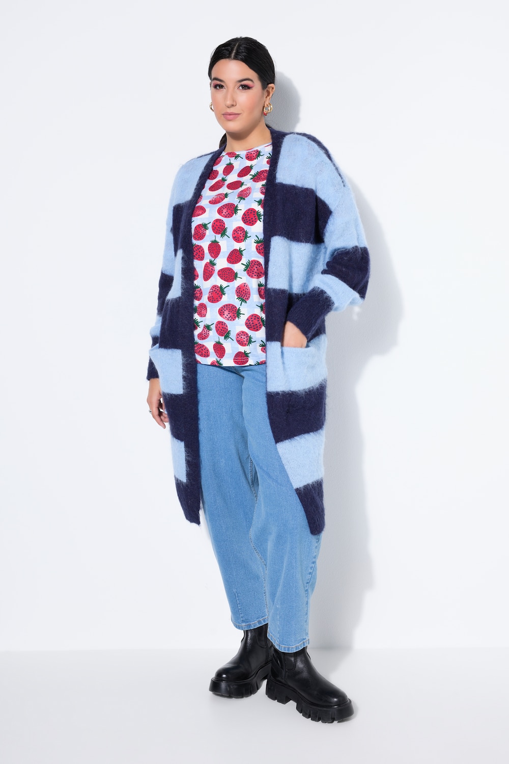 Große Größen Long-Strickjacke, Damen, blau, Größe: 50/52, Synthetische Fasern/Wolle/Polyester, Studio Untold