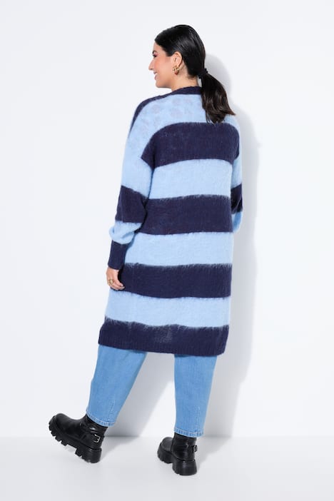 Long-Strickjacke, offene Form, Blockstreifen