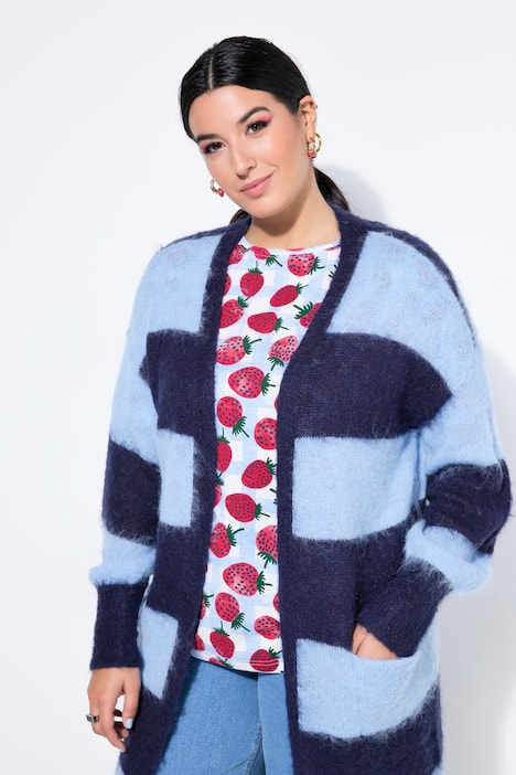 Long-Strickjacke, offene Form, Blockstreifen