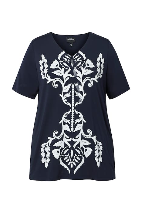 Splývavý top, potisk, áčkový střih, V výstřih, polo rukávy