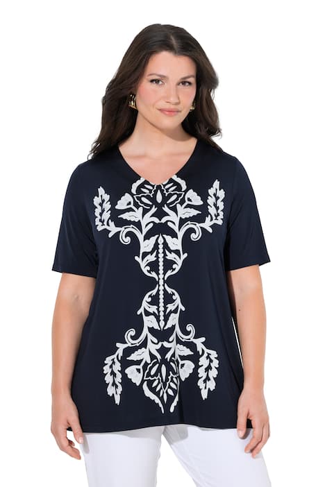 Splývavý top, potisk, áčkový střih, V výstřih, polo rukávy