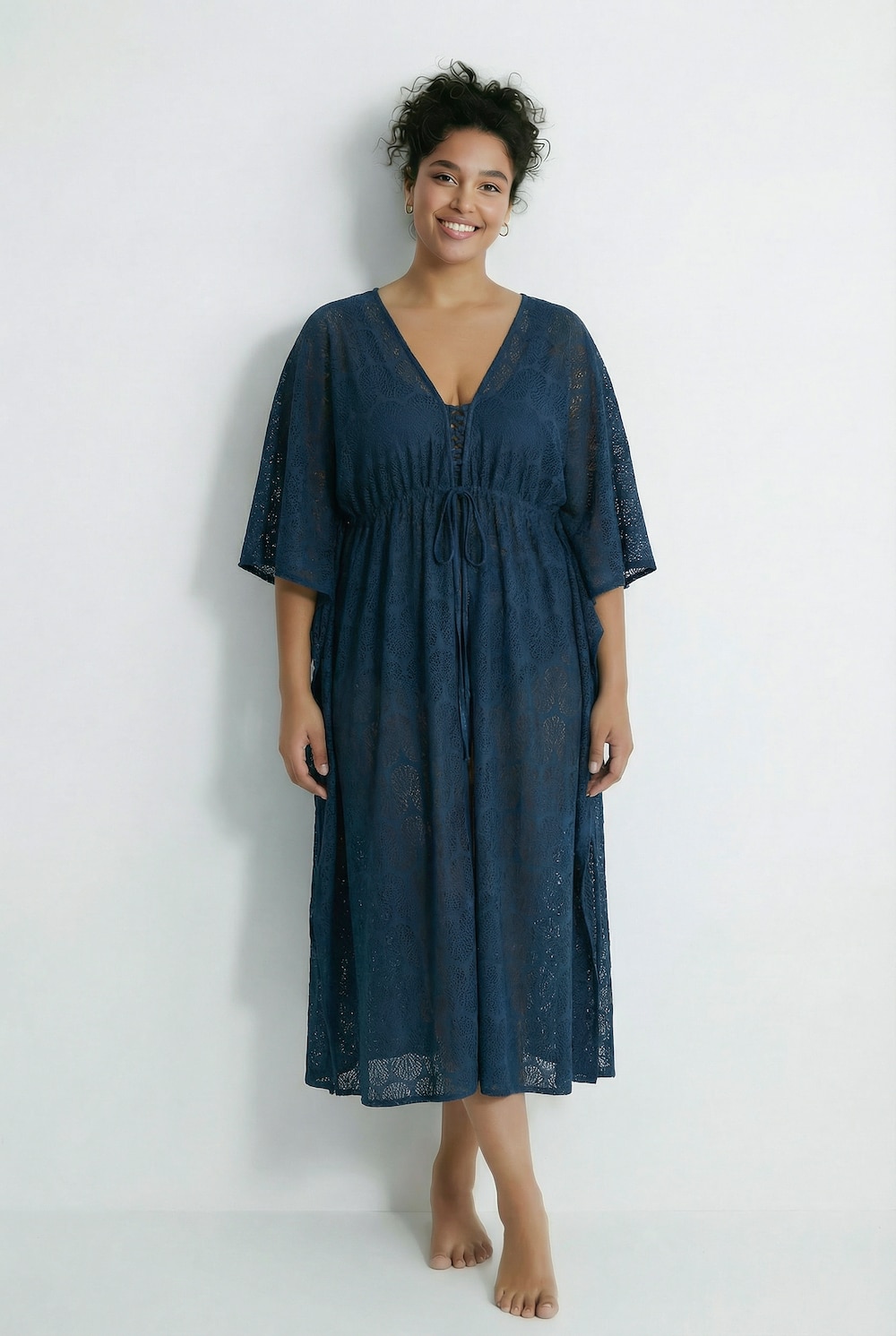 Kaftan, Muscheln, V-Ausschnitt, Satinband