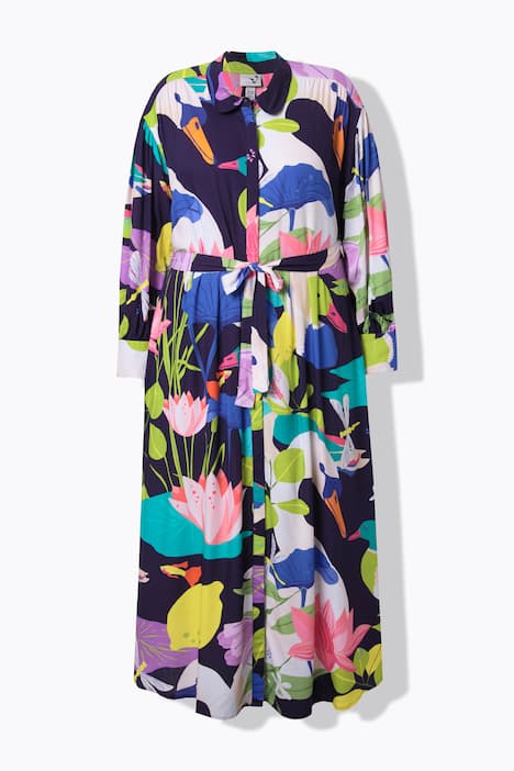 Maxi-jurk, landhuisprint, overhemdkraag, lange ballonmouwen