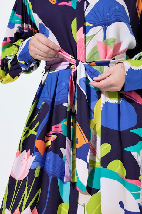 Maxi-jurk, landhuisprint, overhemdkraag, lange ballonmouwen