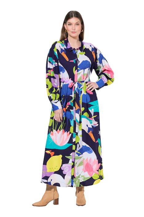 Maxi šaty, venkovský potisk, límeček, dlouhé balónové rukváy