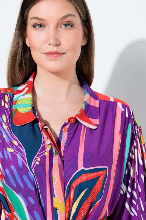 Maxi-jurk, landhuisprint, overhemdkraag, lange ballonmouwen