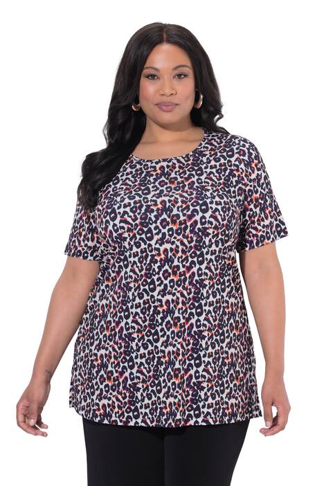 Dlouhé tričko, leopardí vzor, A střih, kulatý výstřih, krátké rukávy