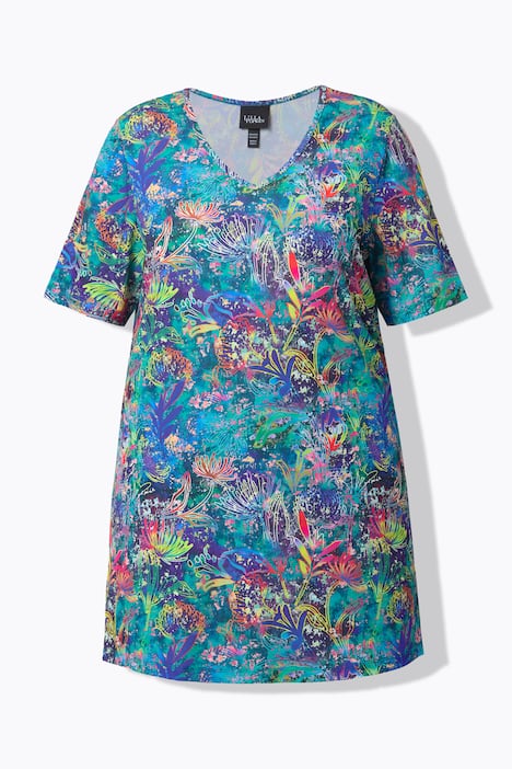 T-shirt long, manches courtes et col en V, coupe évasée