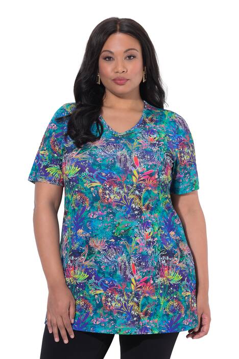 Dlouhé tričko, A střih, výstřih do V, krátké rukávy