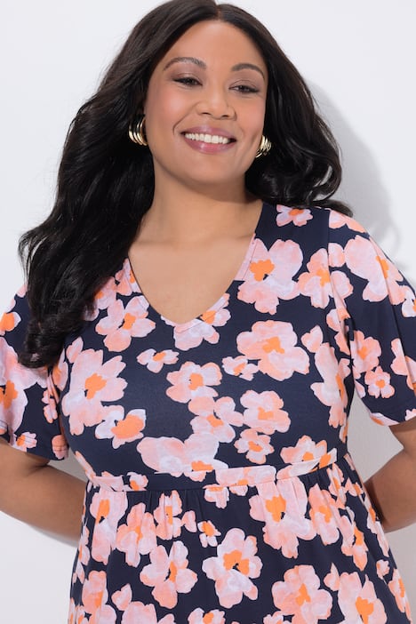 Maxikjole, blomster, A-form, V-udskæring, korte vingeærmer