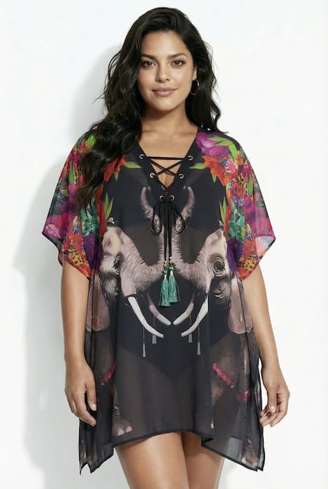 Tunika, Elefanten, Schnürung, V-Ausschnitt, Halbarm