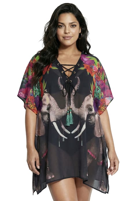 Tunika, vzor se slony, šněrování, V výstřih, polo rukávy