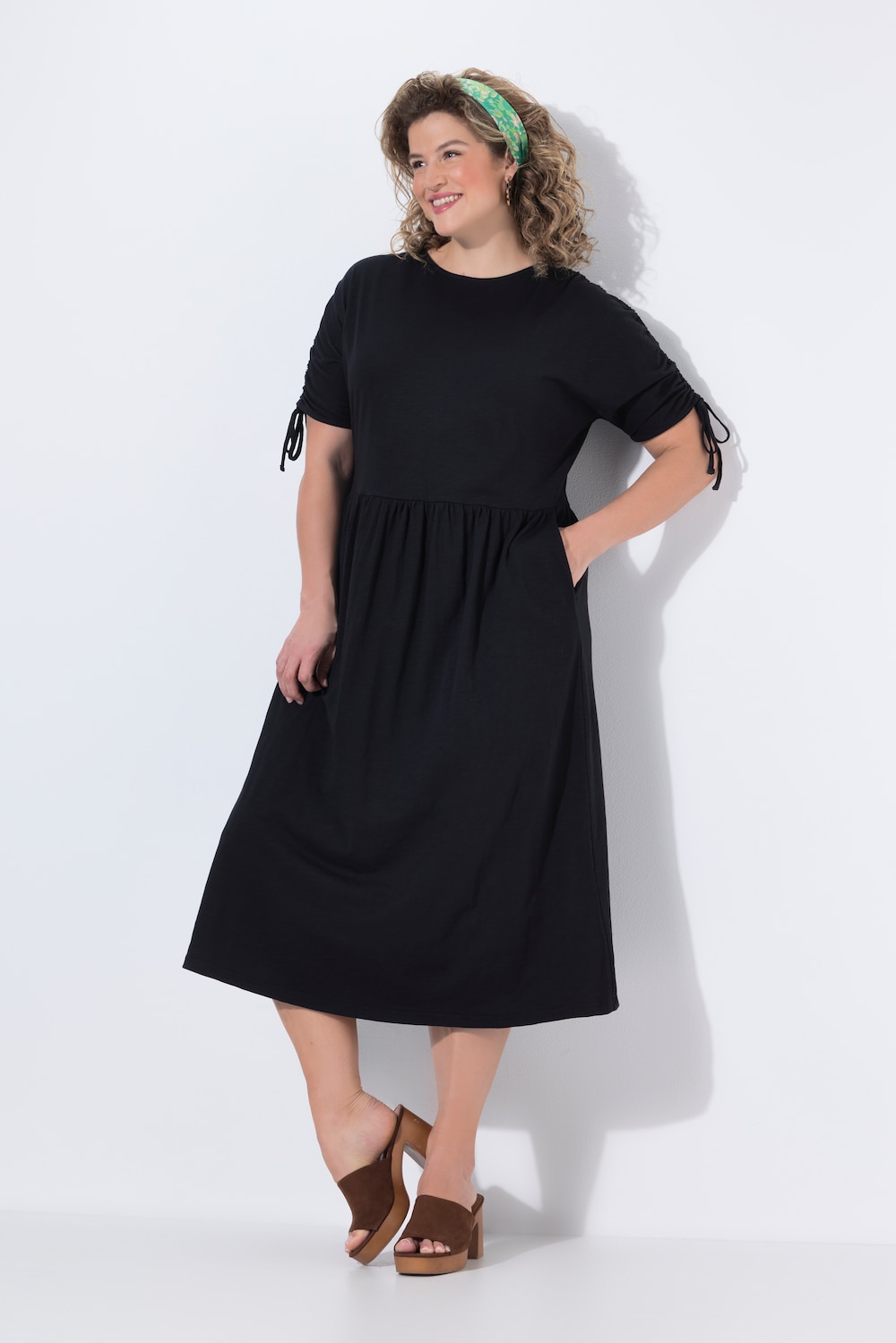 Midi-jurk, rimpelband, ronde hals, mouwloos, biologisch katoen