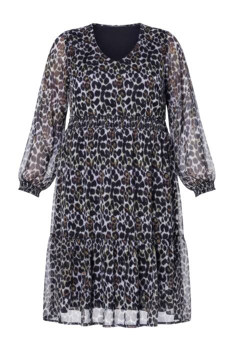 Midi šaty, A střih, dvouvrstvé, leopardí vzor, volán na lemu