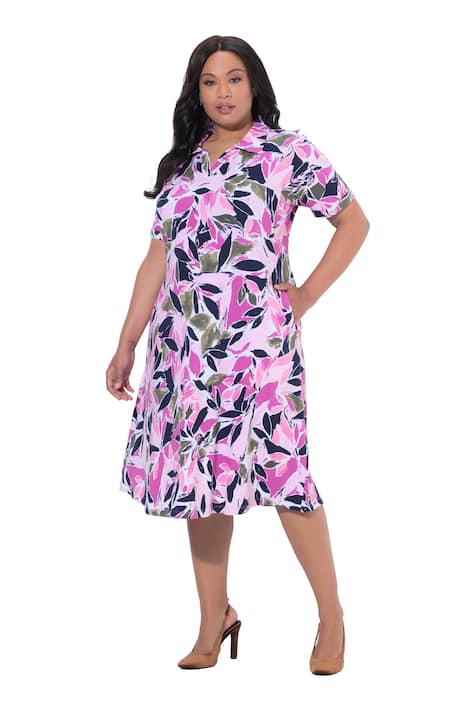 Midi šaty, květy, A střih, límeček, krátké rukávy