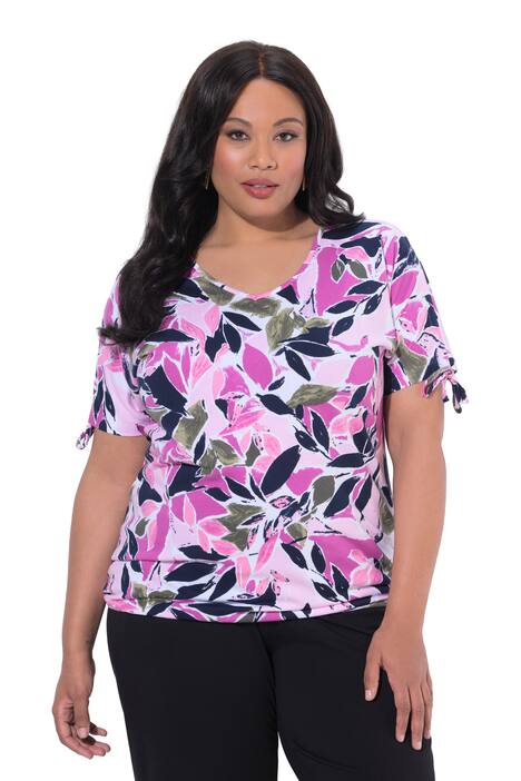 Tričko, květy, A střih, výstřih do V, krátké rukávy