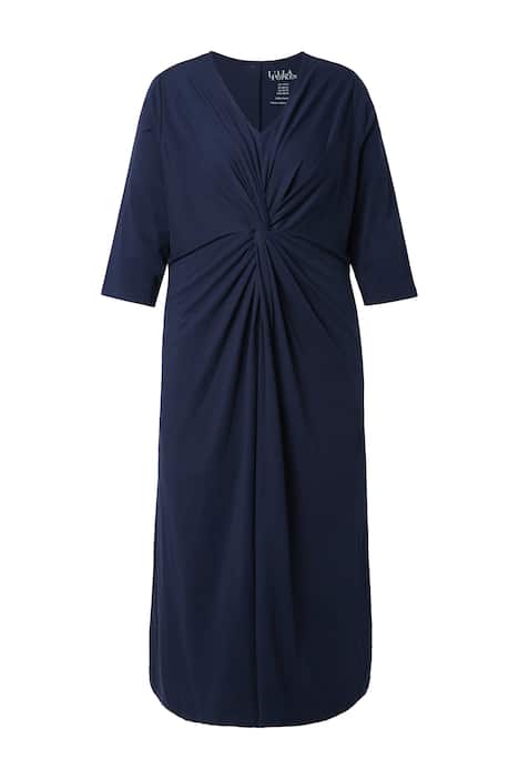 Maxi šaty, řasení, A střih, výstřih do V, 3/4 rukávy