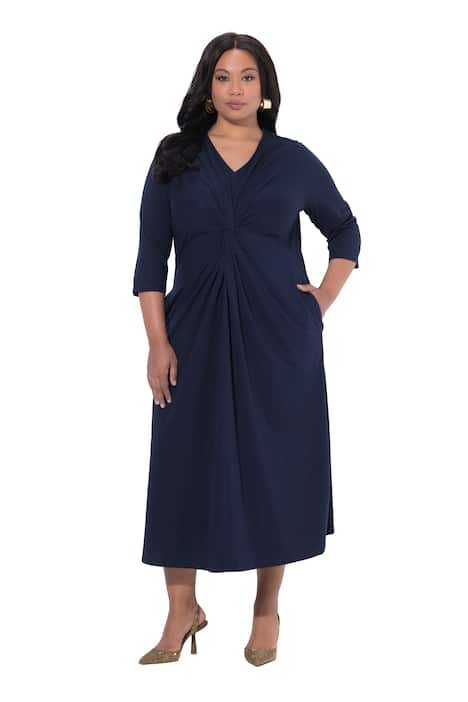 Maxi šaty, řasení, A střih, výstřih do V, 3/4 rukávy