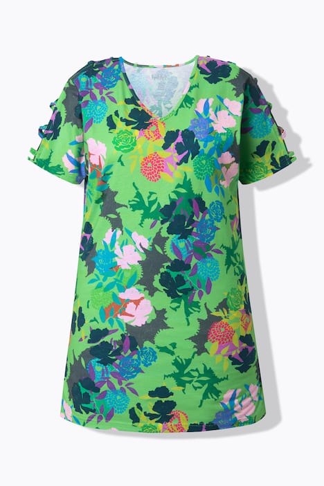 Lang T-shirt, pyntebånd, A-form, V-udskæring, korte ærmer