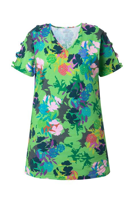 Dlouhé tričko, ozdobná stuha, A střih, výstřih do V, krátké rukávy