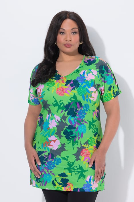 Lang T-shirt, pyntebånd, A-form, V-udskæring, korte ærmer