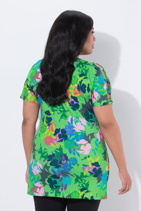 Lang T-shirt, pyntebånd, A-form, V-udskæring, korte ærmer