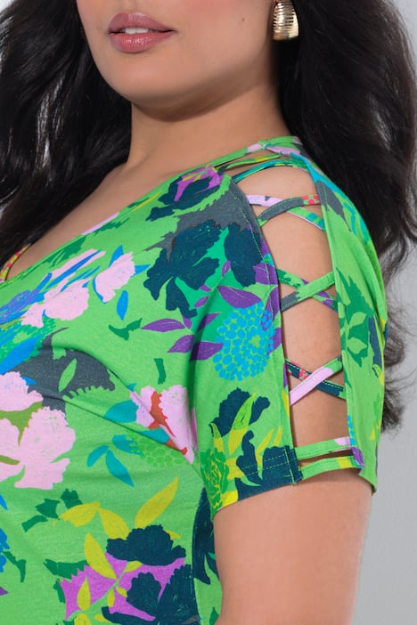 Lang T-shirt, pyntebånd, A-form, V-udskæring, korte ærmer