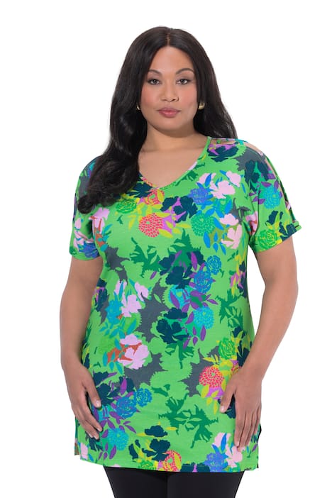 Dlouhé tričko, ozdobná stuha, A střih, výstřih do V, krátké rukávy