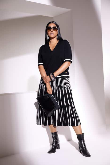 Geplooide midi-rok, strepen, A-lijn, elastische tailleband