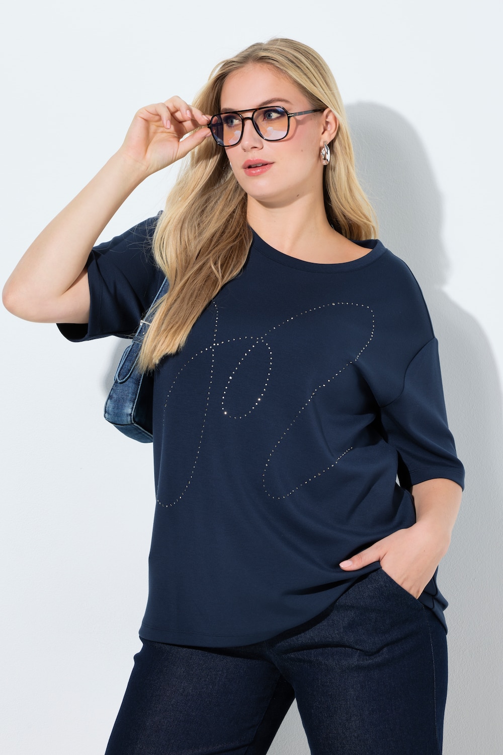 Sweatshirt, Ziersteine, Rundhals, Halbarm, Modalmix