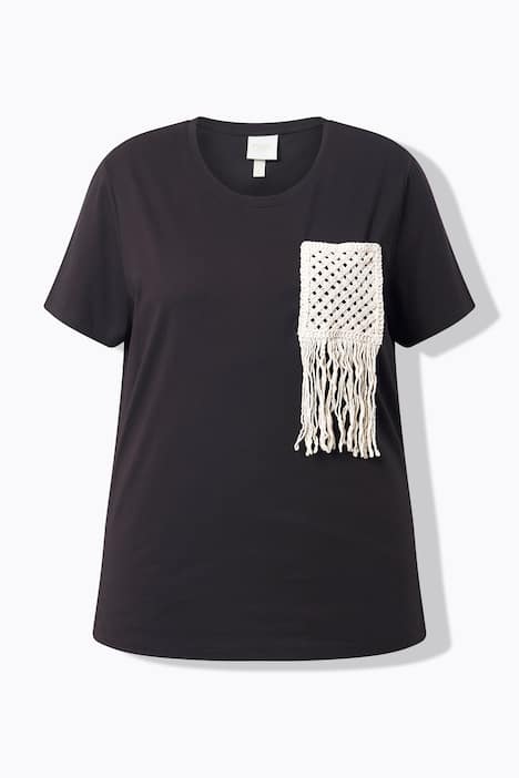 T-shirt, gehaakt borstzakje, ronde hals, korte mouwen, biologisch katoen