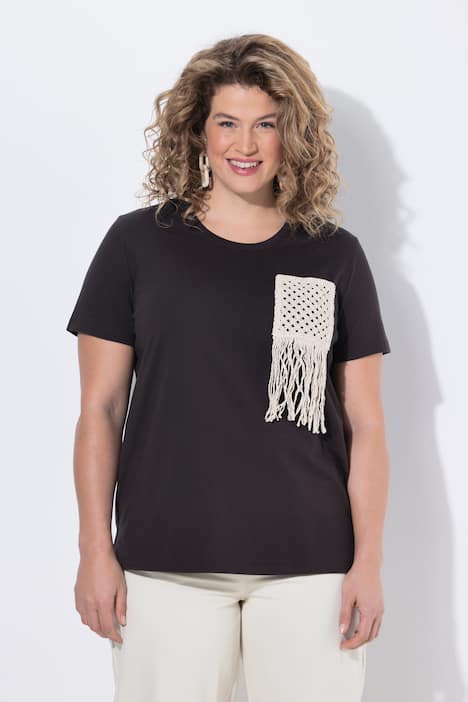 T-shirt, gehaakt borstzakje, ronde hals, korte mouwen, biologisch katoen