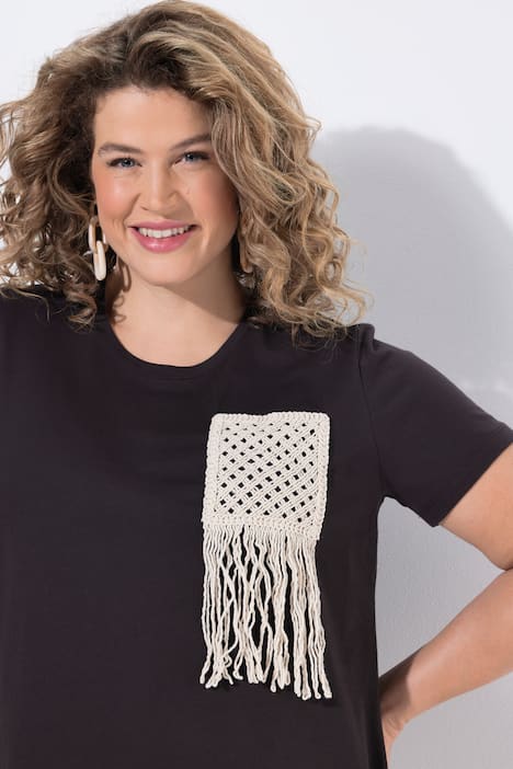 T-shirt, gehaakt borstzakje, ronde hals, korte mouwen, biologisch katoen