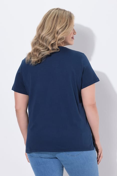 T-shirt, gehaakt borstzakje, ronde hals, korte mouwen, biologisch katoen