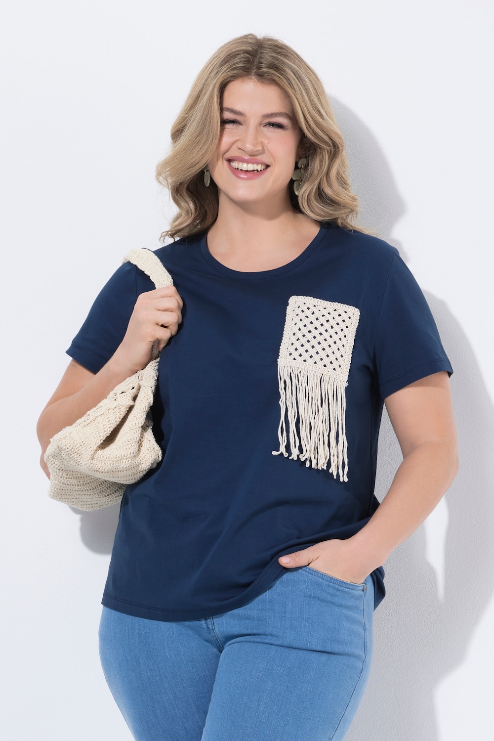 T-Shirt, Häkel-Brusttasche, Rundhals, Halbarm, Biobaumwolle