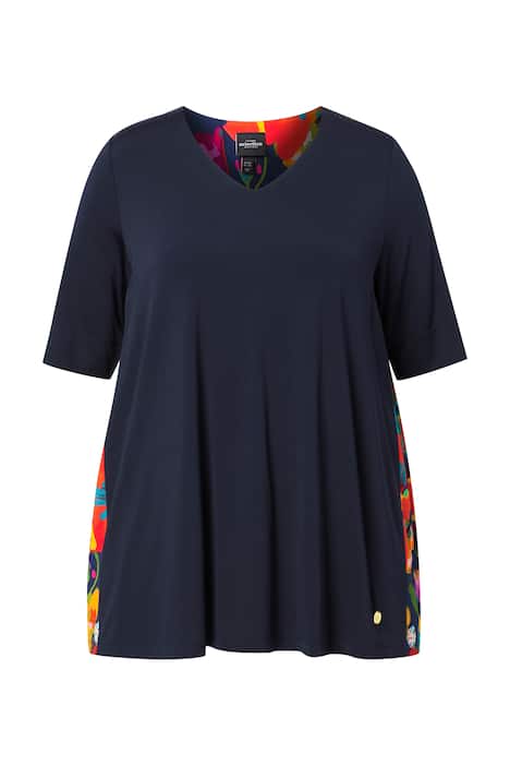 Splývavý top, godetový záhyb, áčkový střih, V výstřih, polo rukávy