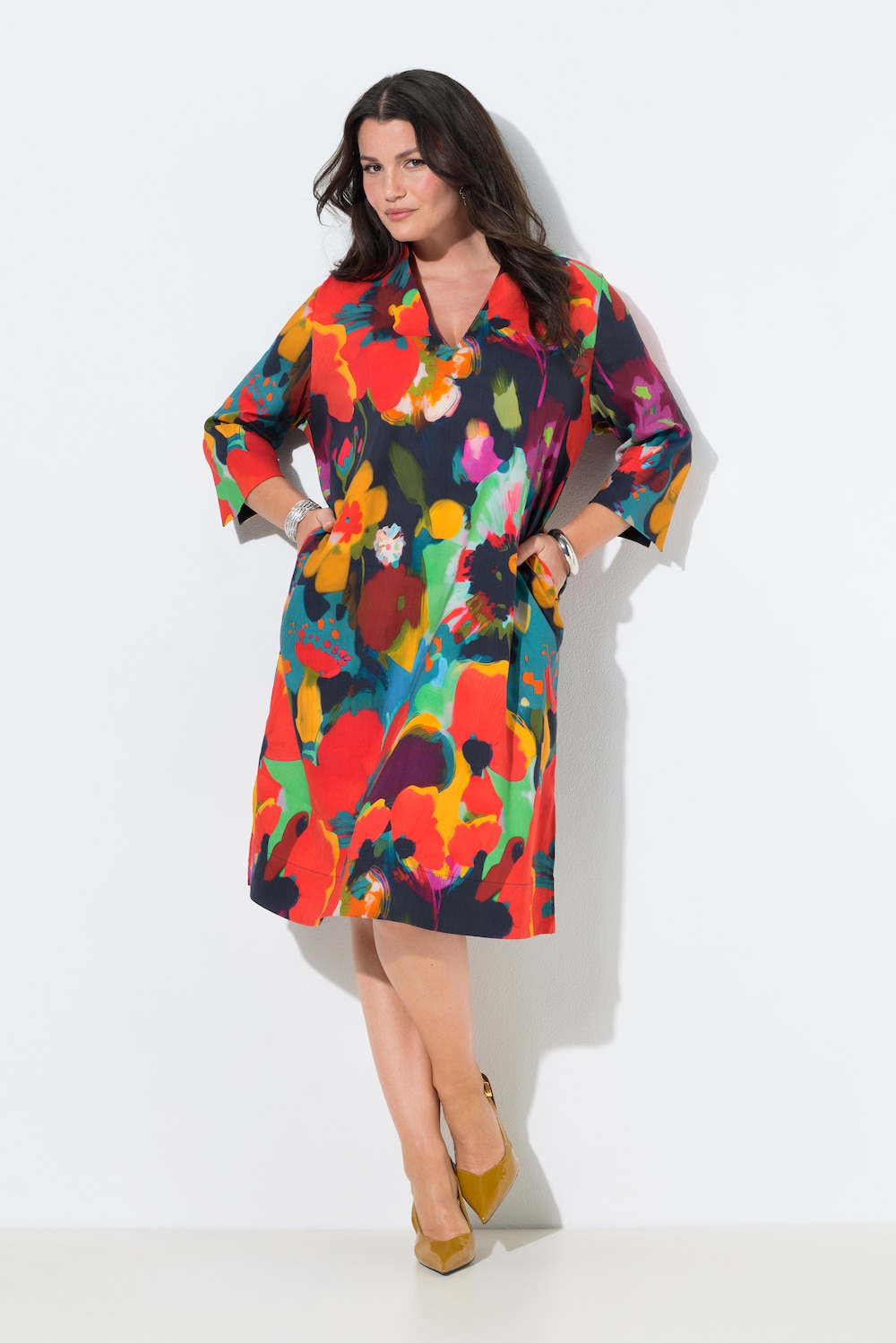 Midikleid, Leinenmix, A-Linie, Kelchkragen, 3/4-Arm