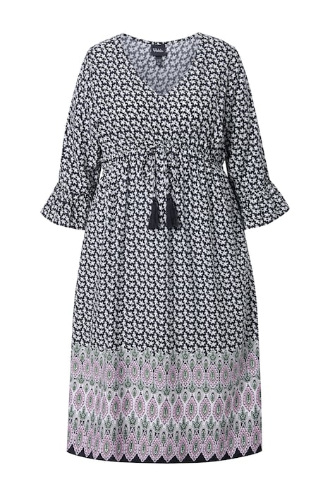 Midi šaty, stahovací šňůra v pase, áčkový střih, V výstřih, 3/4 rukáv