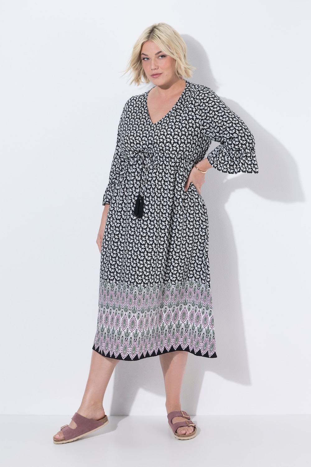 Midikleid, Tunnelzug, A-Linie, V-Ausschnitt, 3/4-Arm