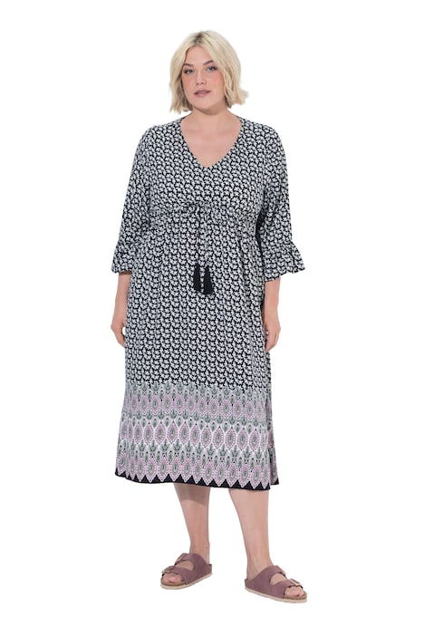 Midi šaty, stahovací šňůra v pase, áčkový střih, V výstřih, 3/4 rukáv