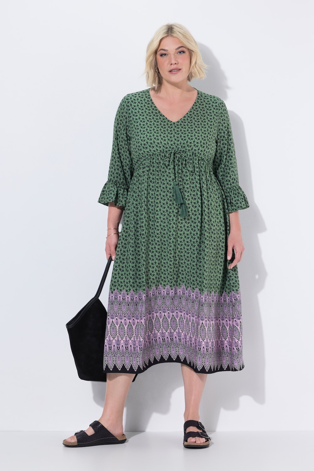 Midikleid, Tunnelzug, A-Linie, V-Ausschnitt, 3/4-Arm