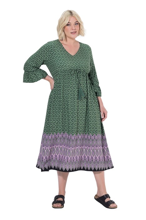 Midi šaty, stahovací šňůra v pase, áčkový střih, V výstřih, 3/4 rukáv