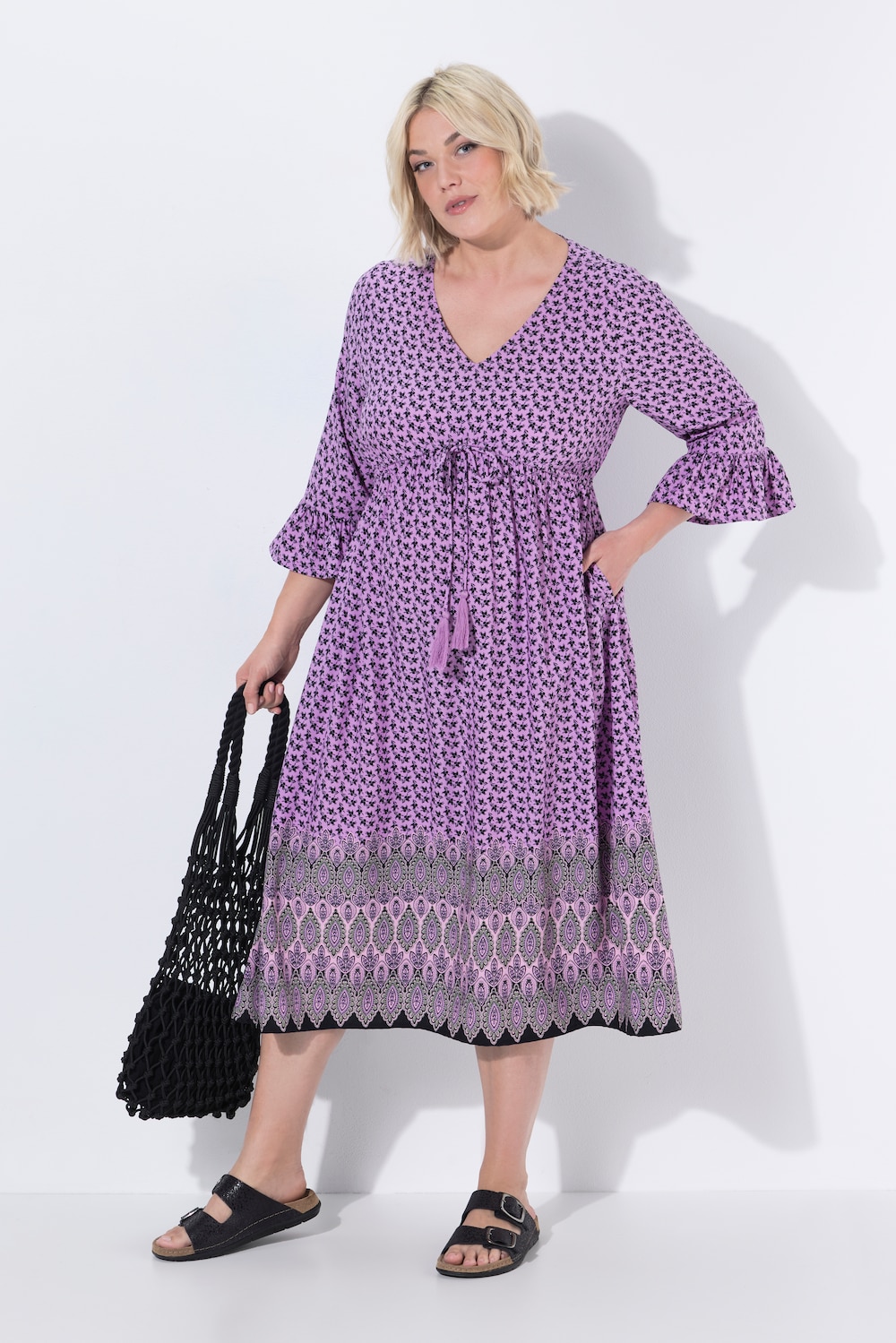 Midikleid, Tunnelzug, A-Linie, V-Ausschnitt, 3/4-Arm