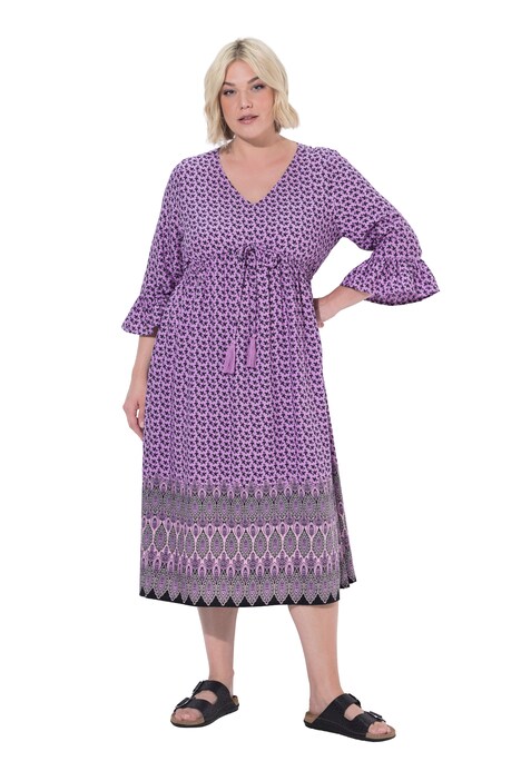 Midi šaty, stahovací šňůra v pase, áčkový střih, V výstřih, 3/4 rukáv