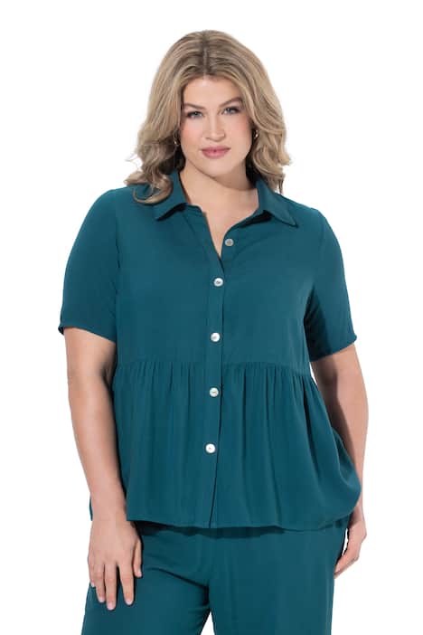 Košilová halenka, nabíraný klín, áčkový střih, košilový límec, polo rukávy