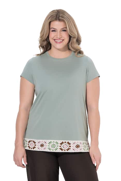 Tričko, háčkované lemování, kulatý výstřih, polo rukávy, bio-bavlna