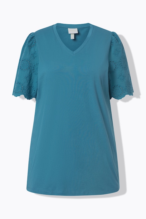 T-Shirt, Stickerei, V-Ausschnitt, Halbarm, Biobaumwolle