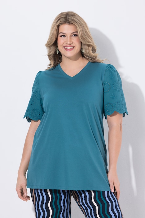 T-Shirt, Stickerei, V-Ausschnitt, Halbarm, Biobaumwolle